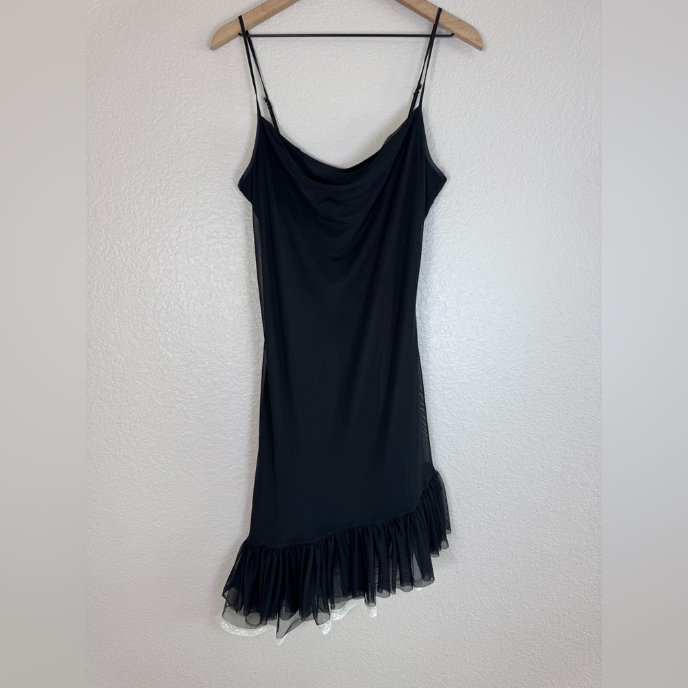 Vintage 90’s Betsey Johnson Black Lace Trim Asymmetrical Cowl Neck Slip Dress